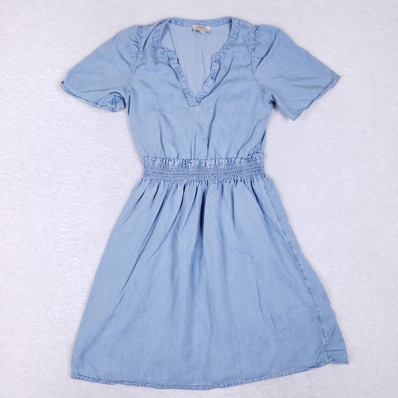 LOFT Outlet Dress XSP Petite Blue Lyocell Smocked Waist Short Sleeve Casual - Picture 1 of 8